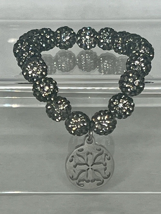 Emerson Jewelry - Black Silver Emerson Shambella Beaded Stretch Bracelet Logo Silver Tone Charm